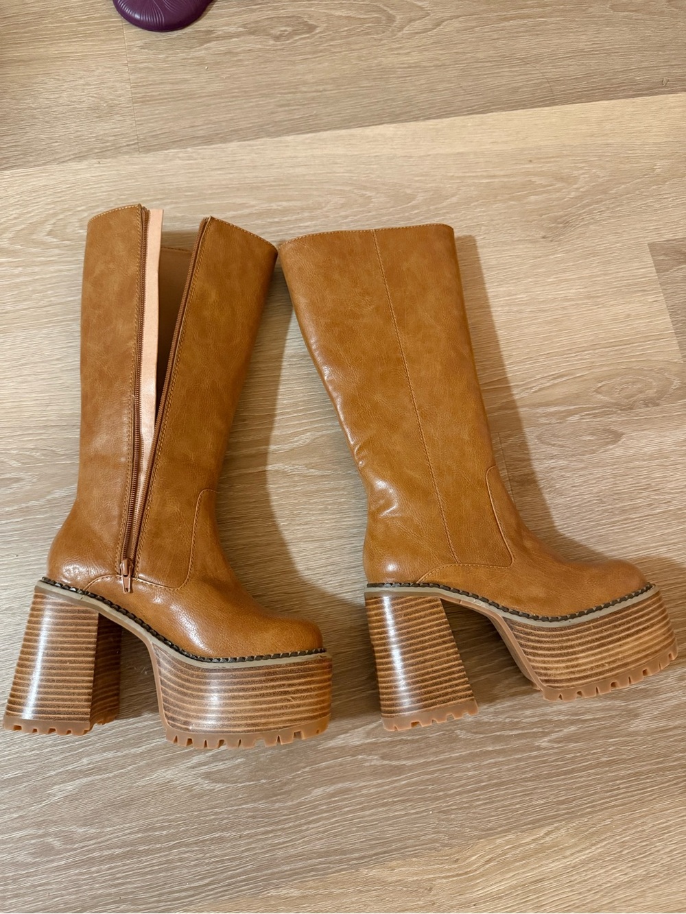 DeLia Tan Platform Knee-High Block Heel Boots